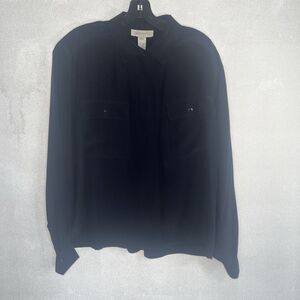 JONES NEW YORK WOMAN Silk Long Sleeve Button Front Blouse 14 Navy Vintage